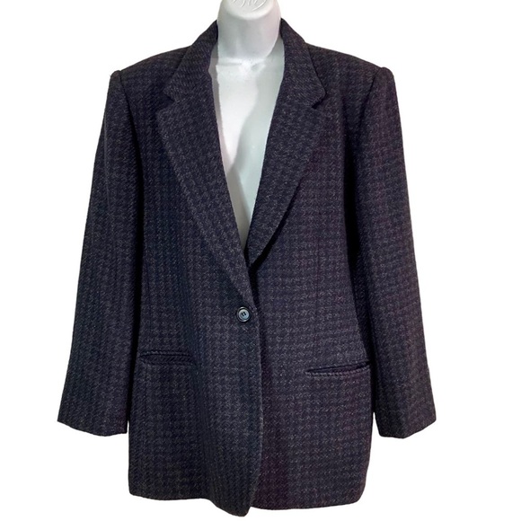 Vintage Black Wool Houndstooth Blazer Coat Size LP Classic Traditional - Picture 1 of 12